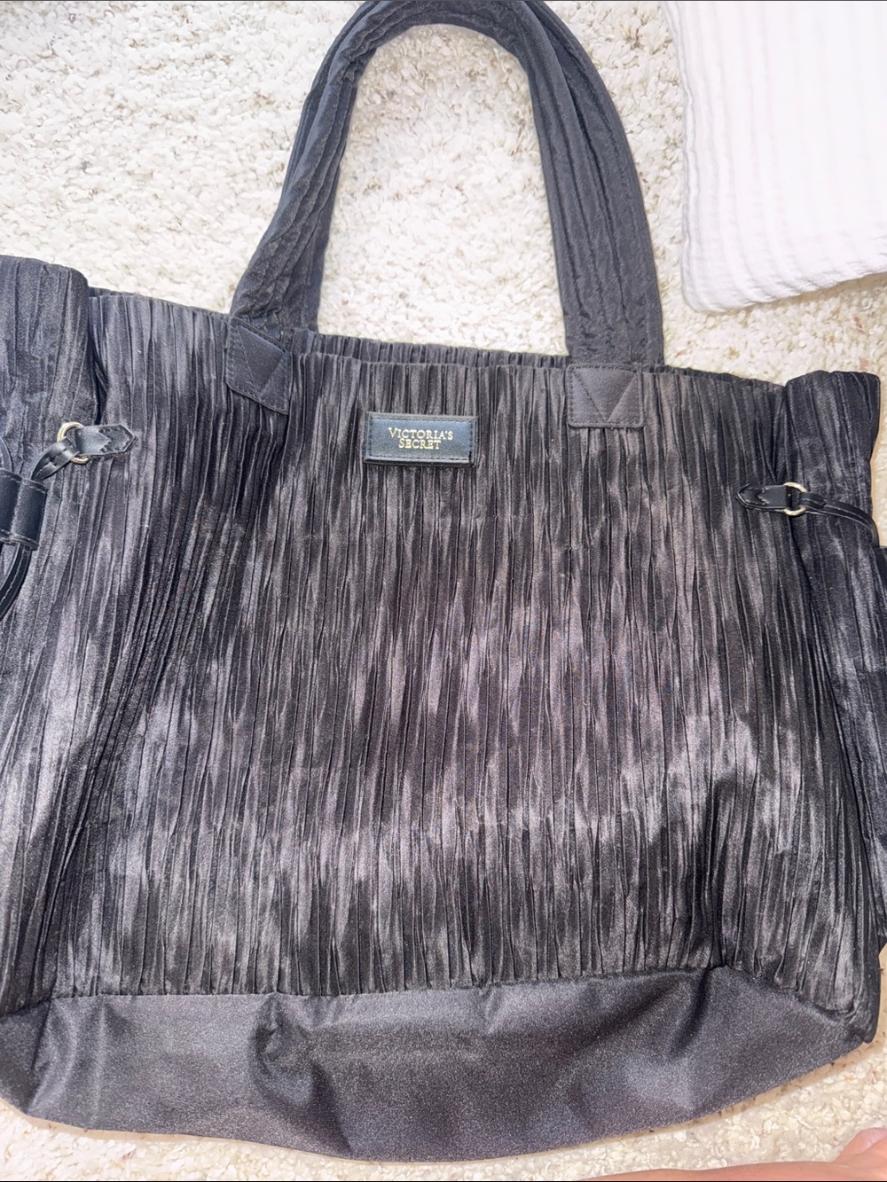 Victoria's Secret Black Pleated Tote with Subtle Sheen